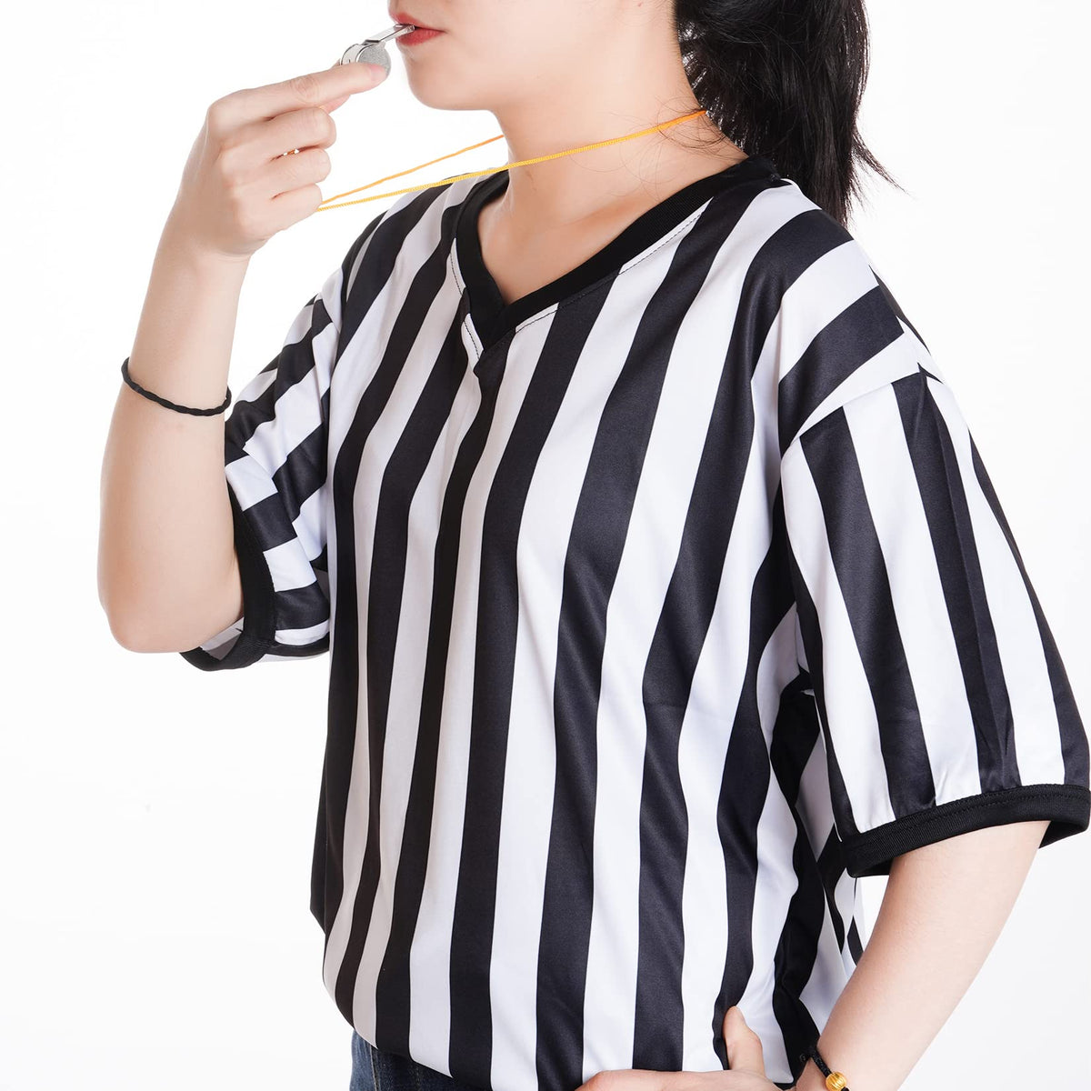 obmwang Referee Shirt for Womens and Mens, Black and White Stripe Umpire Jersey V Neck Ref Uniform for Football Halloween