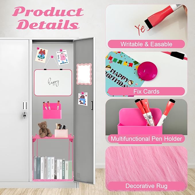 12 Pcs Locker Organizer and Decorating Kit, First Day of School Essentials Marble Print board with Markers Locker Shelf Plush Area Rug String Light Mirror Magnetic Cup and Magnet (Rose Red)