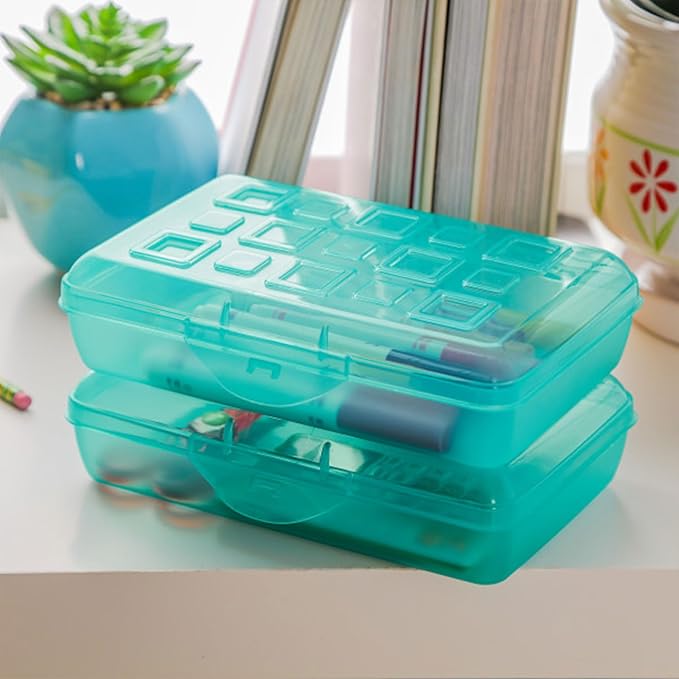 Sterilite Small Translucent Plastic Pencil Box Case with Lid for Office Supplies Pen Holders, Molokai Blue Tint (12 Pack)