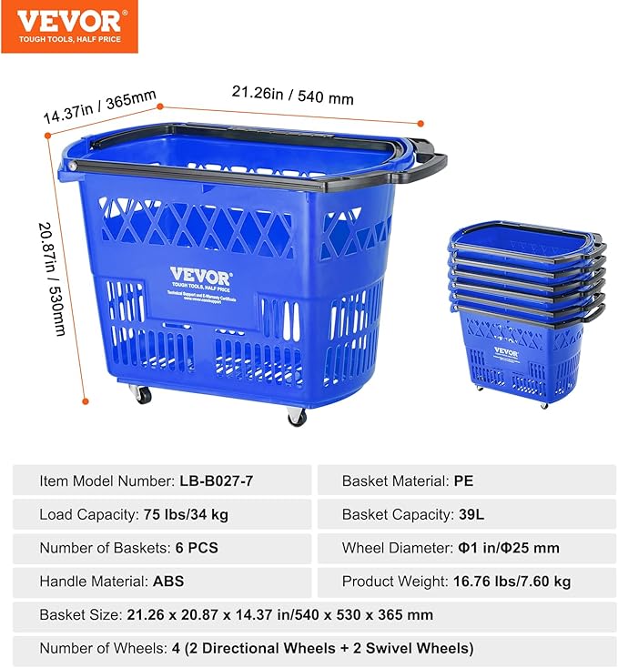 VEVOR 6 PCS Shopping Baskets, 39L Large Plastic Rolling Shopping Basket with Wheels, Shopping Carts with Handles, Portable Shopping Basket Set for Supermarkets, Grocery Shopping, Retail Stores, Blue