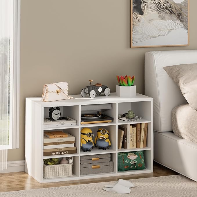 Garden 4 you Shoe Storage Bench, Cubby Shoe Rack with 9 Cubbies, 3-Tier Wood Shoe Rack Organizer, Shoe Organizer Cabinet for Entryway, Hallway, Closet and Garage, White