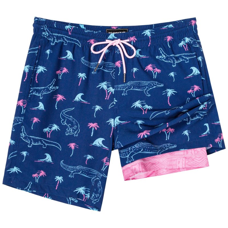 SURF CUZ Mens Swim Trunks with Compression Liner Quick Dry Swim Shorts 7" Swimming Trunks Stretch Zipper Pockets,Neon Crocodile,XS