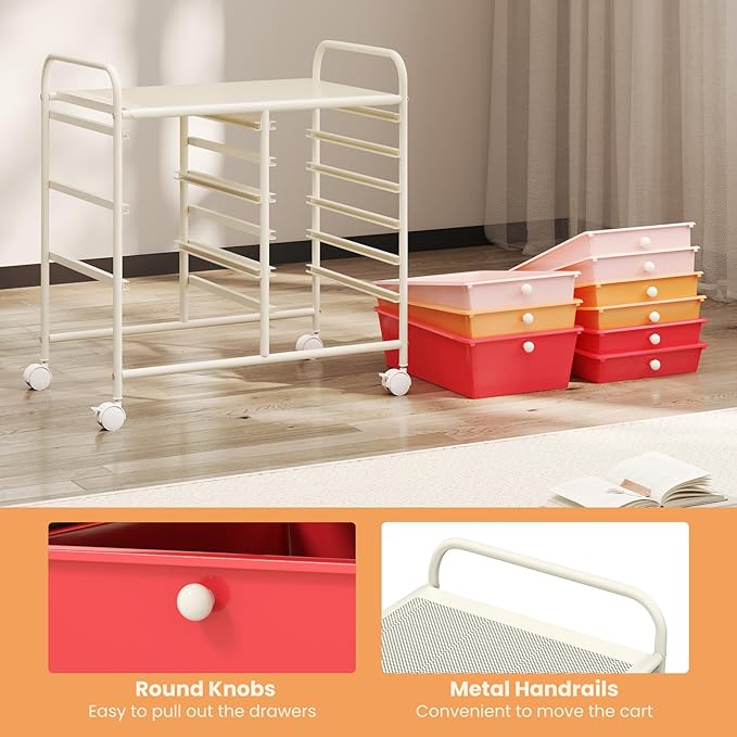 COSTWAY Rolling Storage Cart with 9 Drawer, Mobile Utility Cart with Metal Frame, Art Supply Craft Organizer, Multipurpose Storage Organizer for Paper, Office, School Teacher, Classroom, Macaron