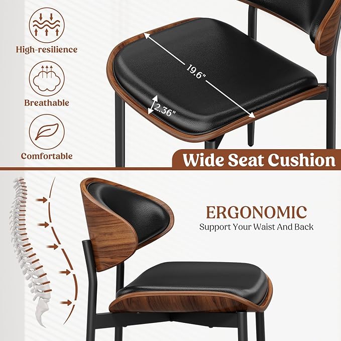 Dining Chairs Set of 4, Mid-Century Modern Upholstered PU Leather Chairs with Walnut Bentwood Back and Metal Legs Adjustable Feet for Kitchen Dining Room, Black PU