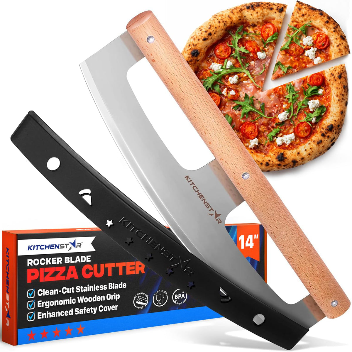 KitchenStar 14-Inch Pizza Cutter Rocker Blade - Razor Sharp Stainless Steel Slicer Knife, Stylish Beech Wood Handle, Protective Cover - Professional Pizza Oven Accessories, Silver
