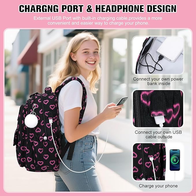 Bevalsa Backpack for Gilrs, 3PCS Corduroy Kids Backpack Set with Lunch Box & Pencil Pouch, Bookbag Daypack Laptop Bag for Women Teens Elementary Middle High School