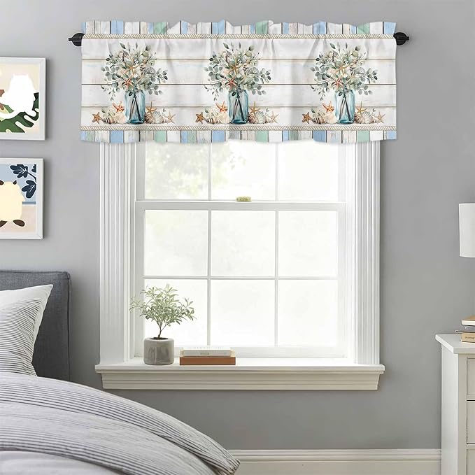 Kitchen Valances for Window, Ocean Starfish Conch Shell Eucalyptus Light
