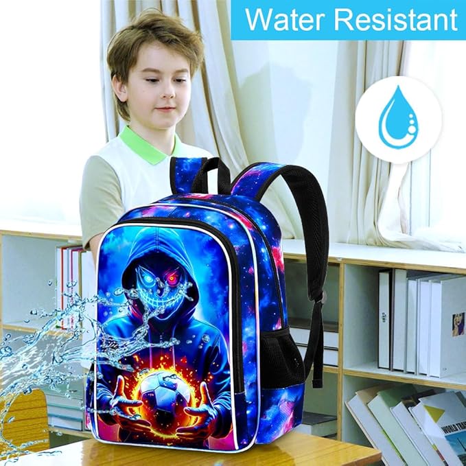 KLFVB 3PCS Boys Bookbag, 17" Kids Football Backpack and Lunch Box, Water Resistant School Backpack for Teenagers Middle Elementary - Demon Soccer