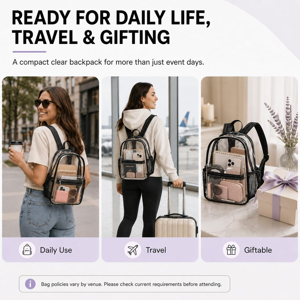 BTOOP Mini Clear Backpack for Stadium Events, 12 x 9 x 5 Inch Transparent PVC Bookbag, Fits Within Common 12x12x6 Stadium Bag Limits, for Concerts, Festivals, Women and Teens