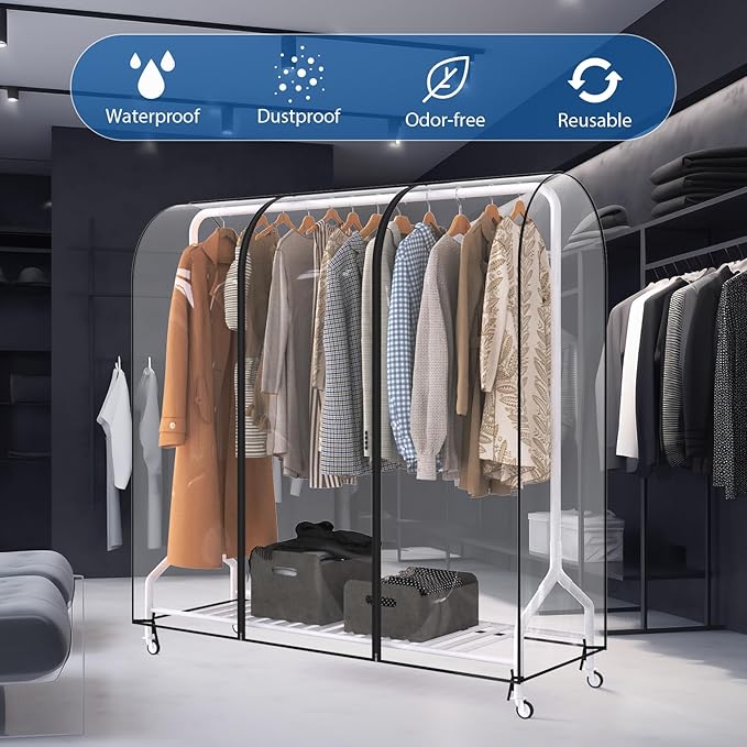 Zilink 60'' Clear Garment Rack Cover Dustproof Clothes Rack Cover Clear Garment Bags Fur Coat Storage Bag Waterproof Wardrobe Cover with 2 Durable Zippers for Garment Rack