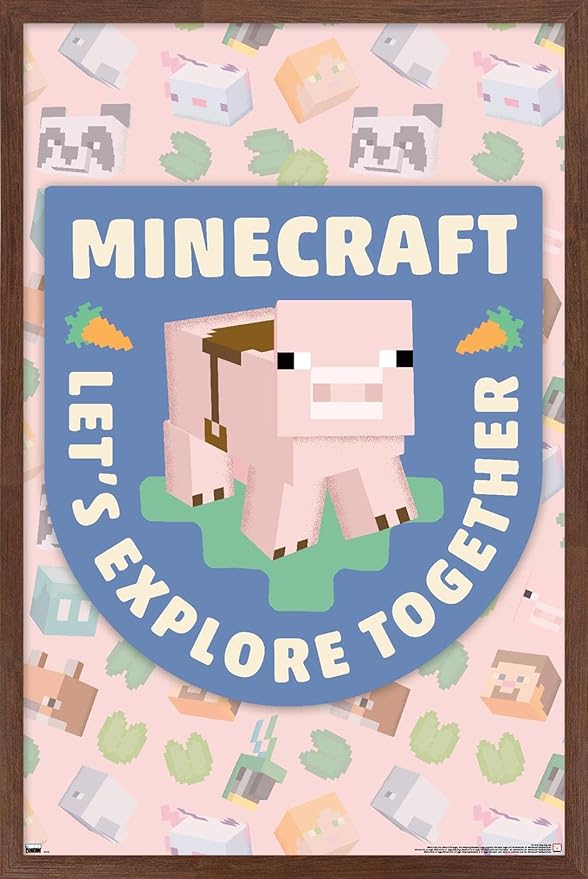 Trends International Minecraft - Let's Explore Together Wall Poster, 22.4L x 14.7W, Mahogany Framed Version