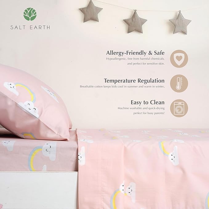 Salt Earth 100% Cotton 210TC Kids Bedsheet, Twin Fitted Sheet, Toddler Bed, 2 Piece Bedding Set- 1 Fitted Sheet and 1 Pillowcase, Themed Toddler Bed Sheets, Cute Sheets for Kids Bed (Rainbow)