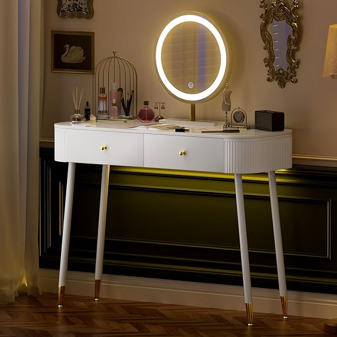 WinZo 40" Vanity Desk with Mirror and Lights, Small Makeup Vanity Table with 2 Storage Drawers and Charging Station, 3 Color Touch Screen Stylish Dressing Table for Small Spaces & Bedroom, White