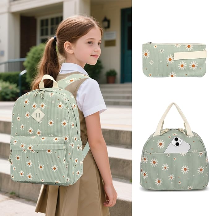 Corduroy Girls Backpack Set, 3PCS School Backpacks for Kids Elementary Middle School Bags with Lunch Box Pencil Case (Green Corduroy Daisy)