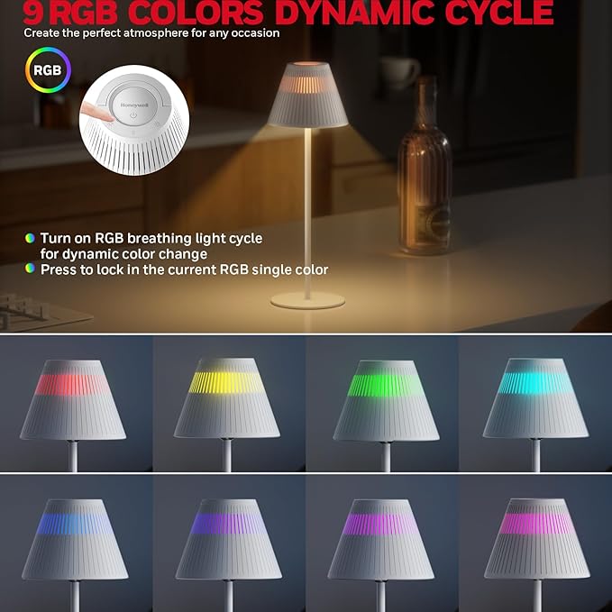 Honeywell M1 Cordless Small Table Lamp Rechargeable, 5200mAh Battery Operated LED Table Lamp, 4 Color 9RGB Stepless Dimmable Touch Control Night Light for Bedroom Restaurant Bedside (1, White)