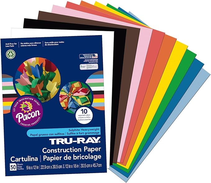 Tru-Ray Heavyweight Construction Paper, Hot Assorted Colors, 9" x 12", 50 Sheets & Construction Paper P103031, 10 Classic Colors, 9" x 12", 50 Sheets