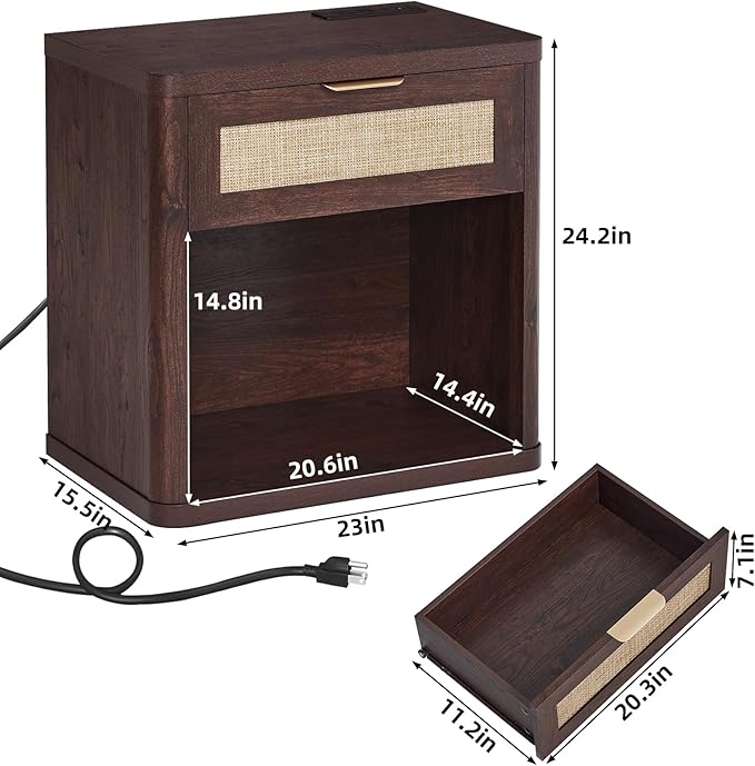 LEYAOYAO Rattan Nightstands Set of 2 with Charging Station, 23" Wide Boho Night Stand with Drawer, Walnut Bedside Table Open Cabinet, Bed Side End Table Dresser for Bedroom, Living Room, Hallway
