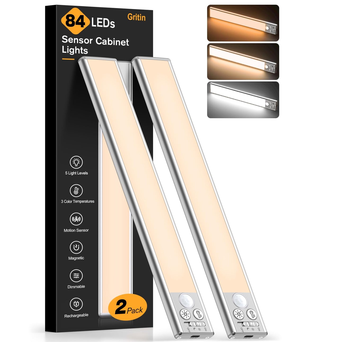 Gritin 10.2inch Under Cabinet Lighting Rechargeable -84 LED Super Bright,3-Color& 5 Level Brightness,4 Modes,Motion Sensor, Long Lasting- Easy Installation Magnetic Under Cabinet Closet Lights -2 Pack