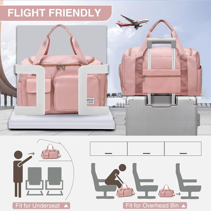 Pink Gym Bag for Women, Waterproof Travel Duffle Bag Carry On Weekender Bag with Shoe Compartment & Wet Pocket, Gym Tote Bag for Travel, Workout, Sport