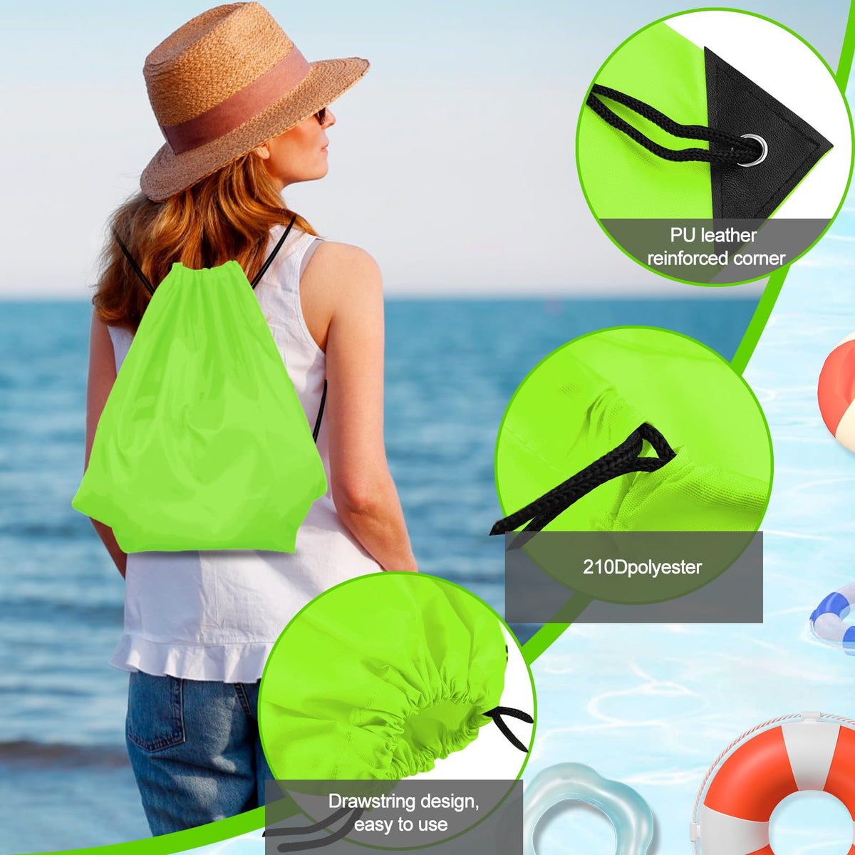 PLULON 6 Pcs Drawstring Bags Bulk Fluorescent Green Drawstring Backpack String Backpack Cinch Sack Sport Gym Backpack Bags for Yoga Traveling Outdoor Sports