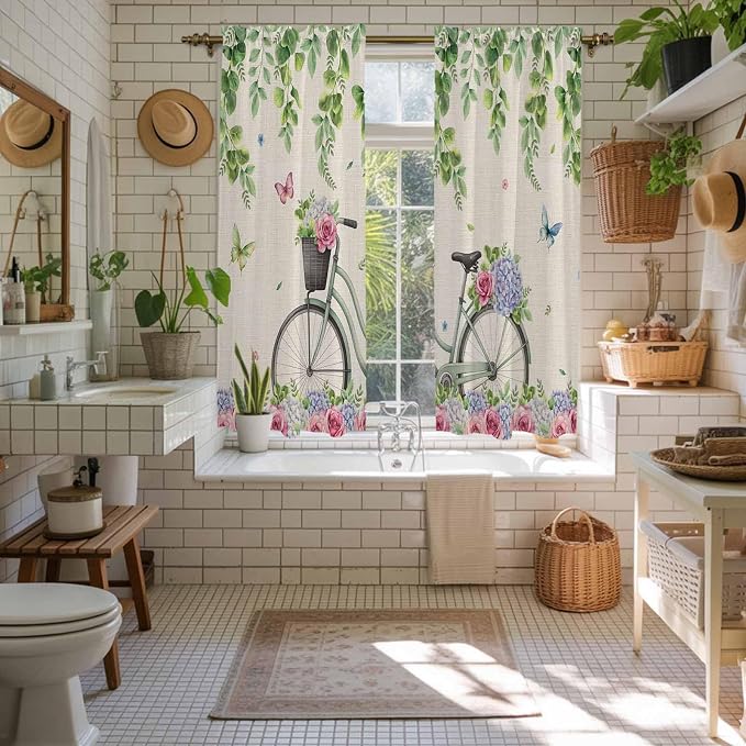 Farmhouse Spring Kitchen Curtains, Retro Bicycles Flowers Vines Butterfly Light