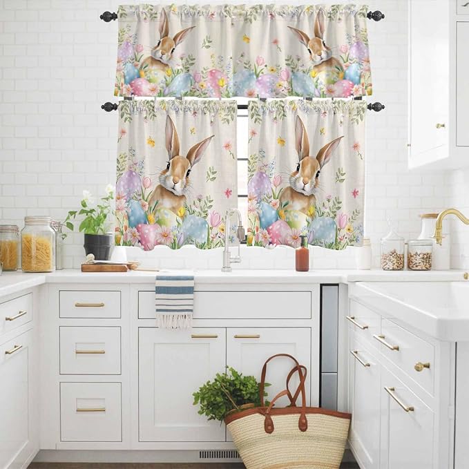Kitchen Curtains Tiers and Valance Set of 3, Easter Light Filtering Window