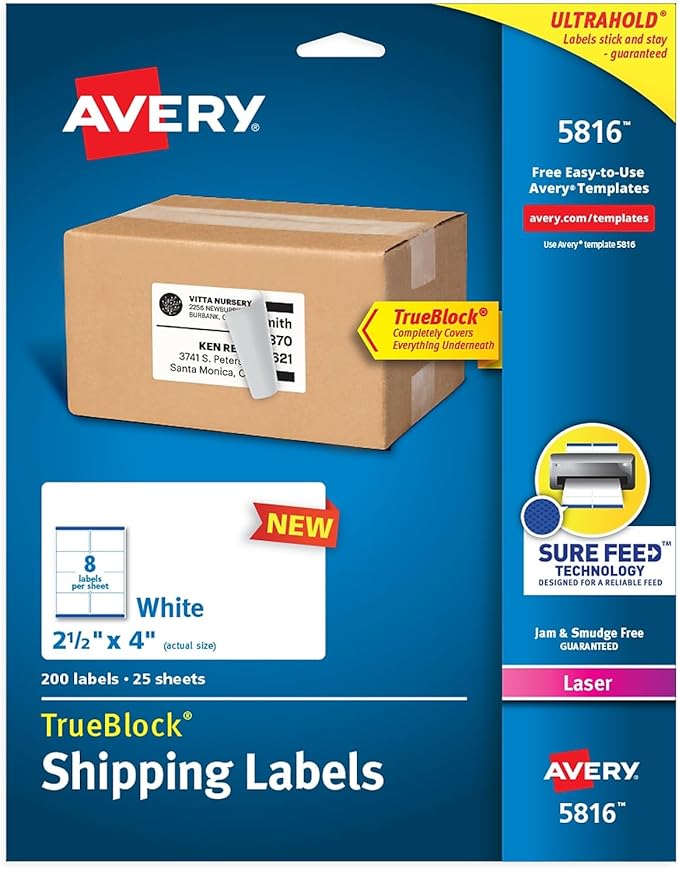 Avery Printable Blank Shipping Labels, 2.5" x 4", White, 200 Labels, Laser Printer, Permanent Adhesive (5816)