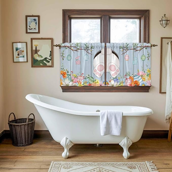 Easter Kitchen Tier Curtains 36 Inch Long 2 Panel Set, Rod Pocket Half Window