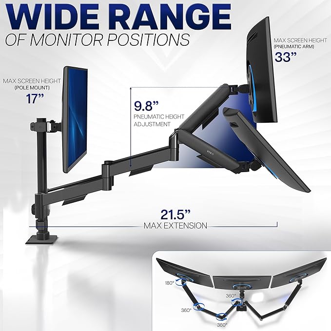 VIVO Triple Monitor Stand, Fully Adjustable Arms for 17 to 27 inch Screens, Mechanical Articulating Desk Mount, Gaming and Office Setups, VESA 75x75, 100x100, Max 19.8 lbs, Classic, Black, STAND-V003O