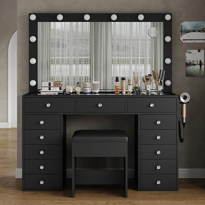 Vanity Desk with Mirror and Lights, 13 Drawers Makeup Vanity with Glass Top, 3 Color Lighting Modes, Makeup Vanity with Chair for Bedroom (Black)