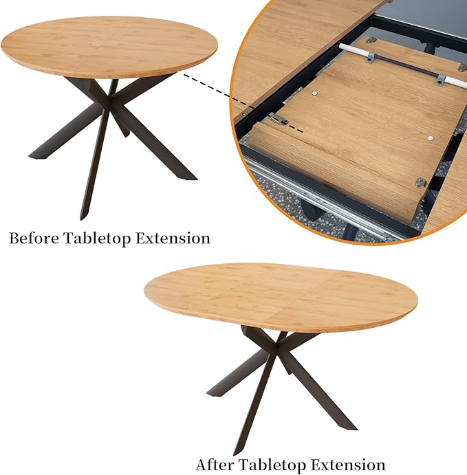 43.2"-59.1" Extendable Round Dining Table Set of 7, Round Kitchen Table with Thickened MDF Board, Oak Coffee Table,Steel Legs