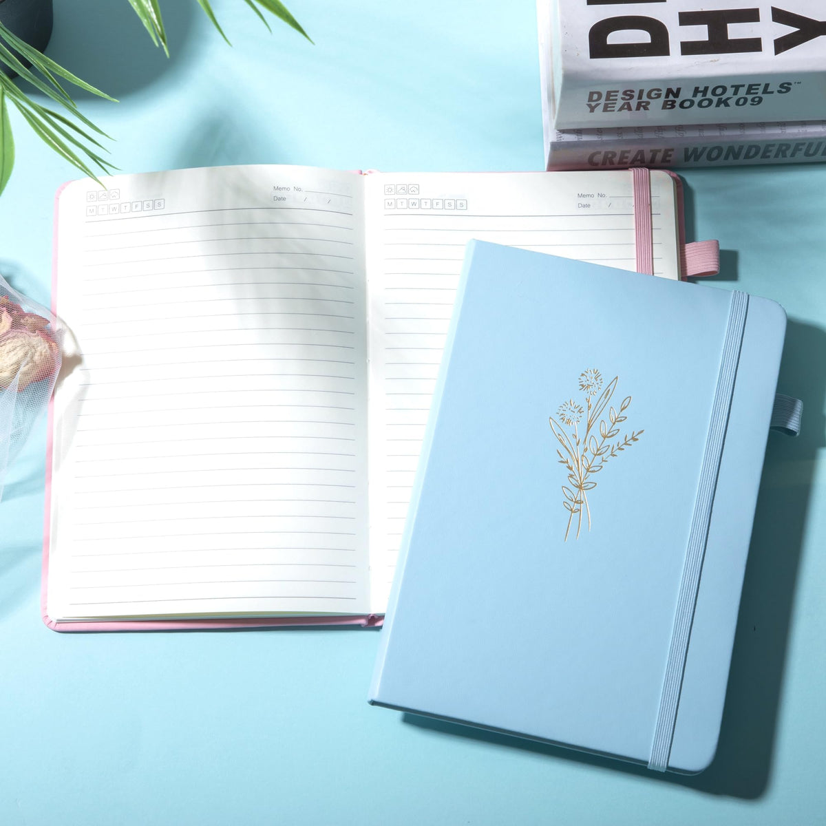 Lined Journal Notebook for Women Cute Leather Journaling Notebooks for Writing 192 Pages A5 Hardcover Aesthetic Floral Diary, 5.7 x 8.3 in, Blue