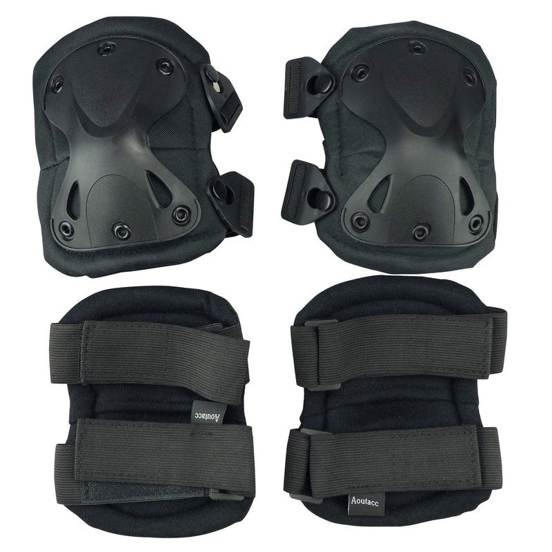 AOUTACC Combat Knee & Elbow Protective Pads Set for Outdoor CS Paintball Game Cycling Safety Skateboarding Gear Skates Knee Protection Guard Pads (Black)