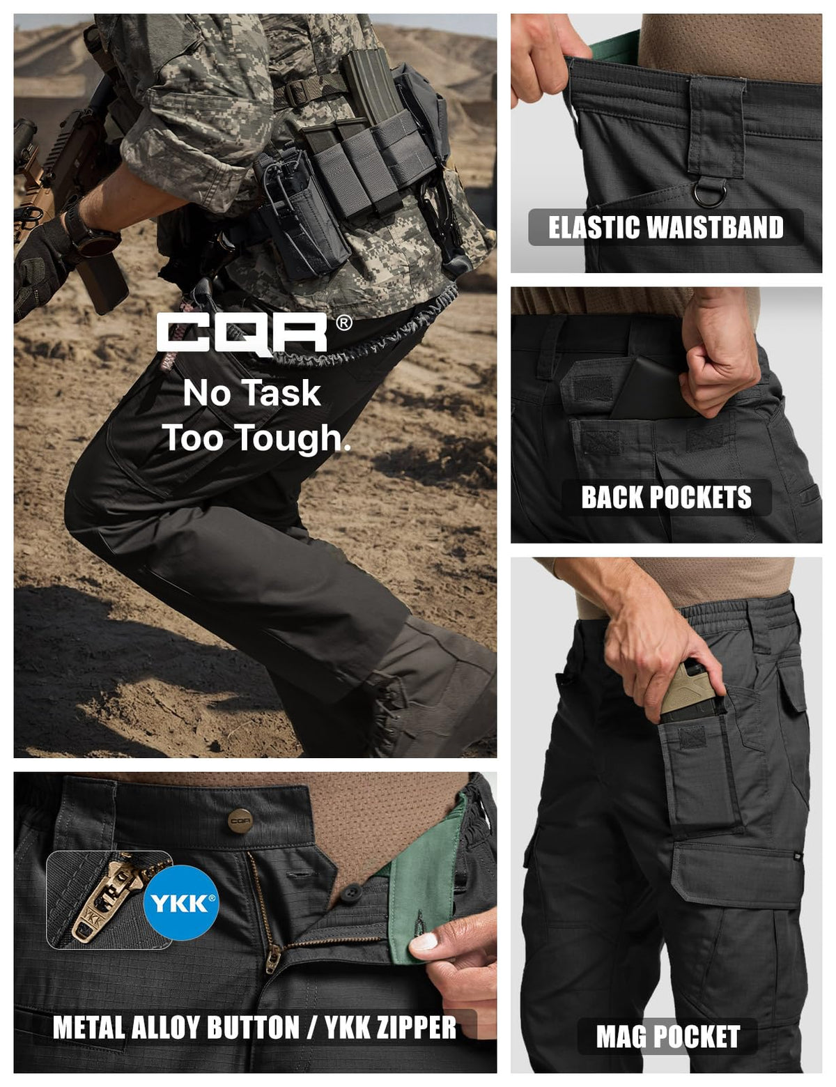 CQR Men's Tactical Pants, Water Resistant Ripstop Cargo Pants, Lightweight EDC Work Hiking Pants, Outdoor Apparel, Duratex Mag Pocket Black, 38W x 32L