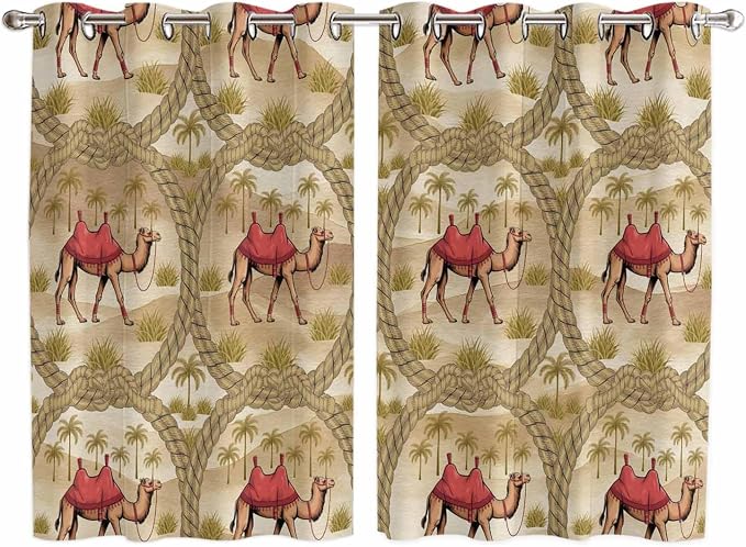2 Panel Kitchen Cafe Curtains, Desert Camels Sunlight Filtering Nature Air