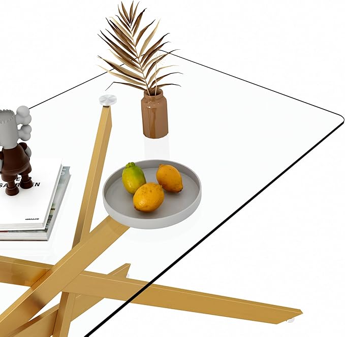 60" Glass Dining Table Modern Kitchen Table for 4-6 People, Contemporary Rectangular Dining Room Dinner Tables with Clear Glass Top & Gold Metal X Legs for Kitchen Apartment