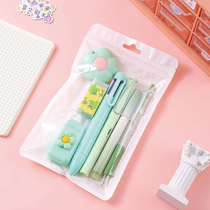 7 Pcs Cute Green Stationery Set Kawaii School Supplies Office Supplies Including Ballpoint Pens Pencil Sharpener Highlighter Correction Tape Eraser Utility Knife (Green)