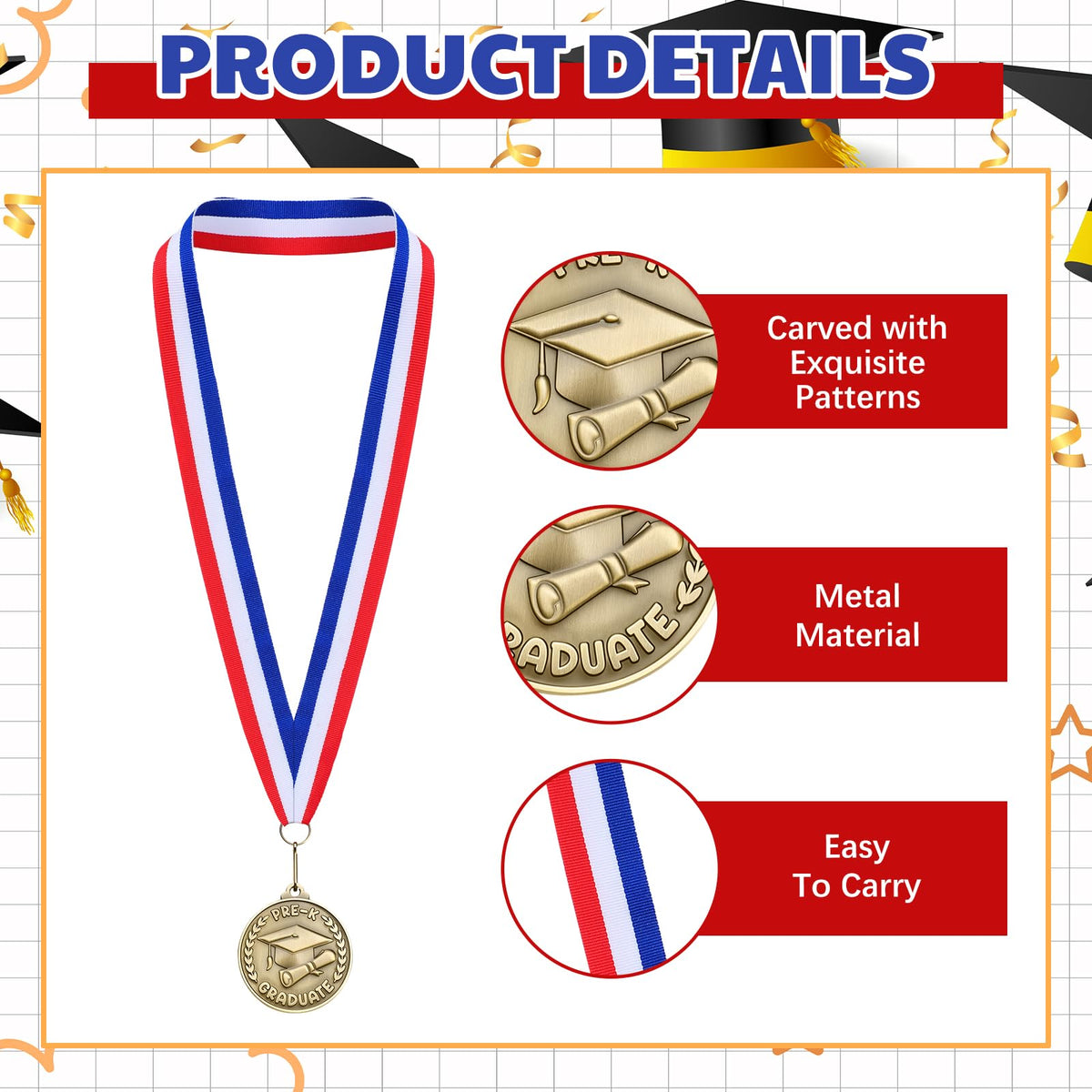 Remuuly 30/60 Pcs Kindergarten Graduation Award Medals for Kids 2'' Preschool Award Medallion with Neck Ribbon Congrats Graduation Gifts for School Student Party Favor(30 Pcs,Cap)
