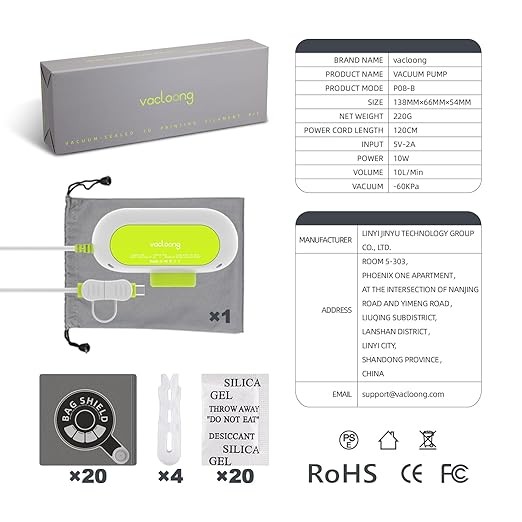 Vacloong Vacuum-Sealed 3D Printing Filament Kit, 20 Packs Lightproof Storage Bags with Vacuum Pump, Moisture-Proof Bags, Sorting & Storage of PA/DP/PC/PLA/ABS/TPU/ASA/PETG with Desiccant