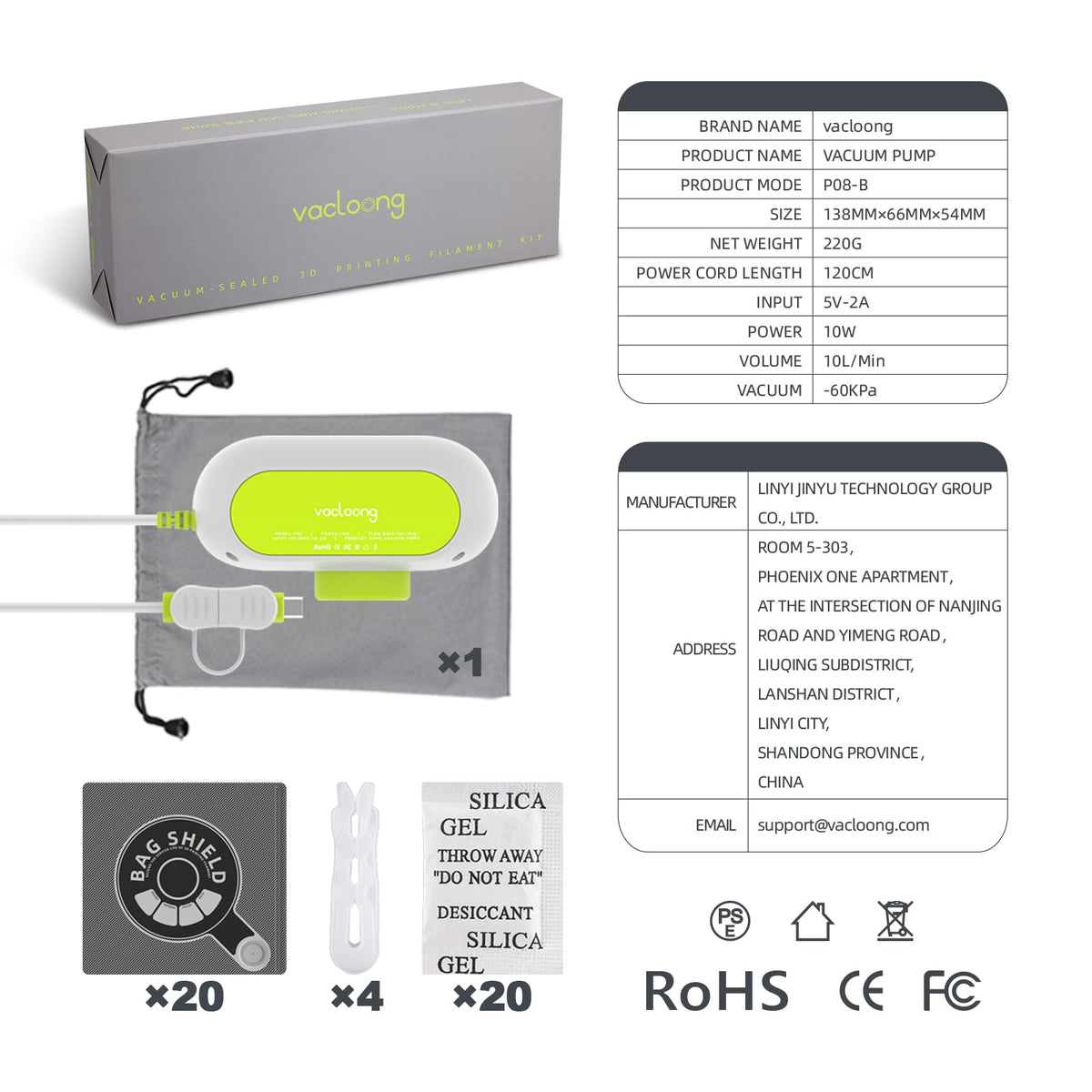 Vacloong Vacuum-Sealed 3D Printing Filament Kit, 20 Packs Lightproof Storage Bags with Vacuum Pump, Moisture-Proof Bags, Sorting & Storage of PA/DP/PC/PLA/ABS/TPU/ASA/PETG with Desiccant