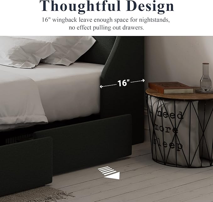 Allewie King Size Bed Frame with 4 Storage Drawers and Wingback Headboard, Button Tufted Design, No Box Spring Needed, Dark Grey