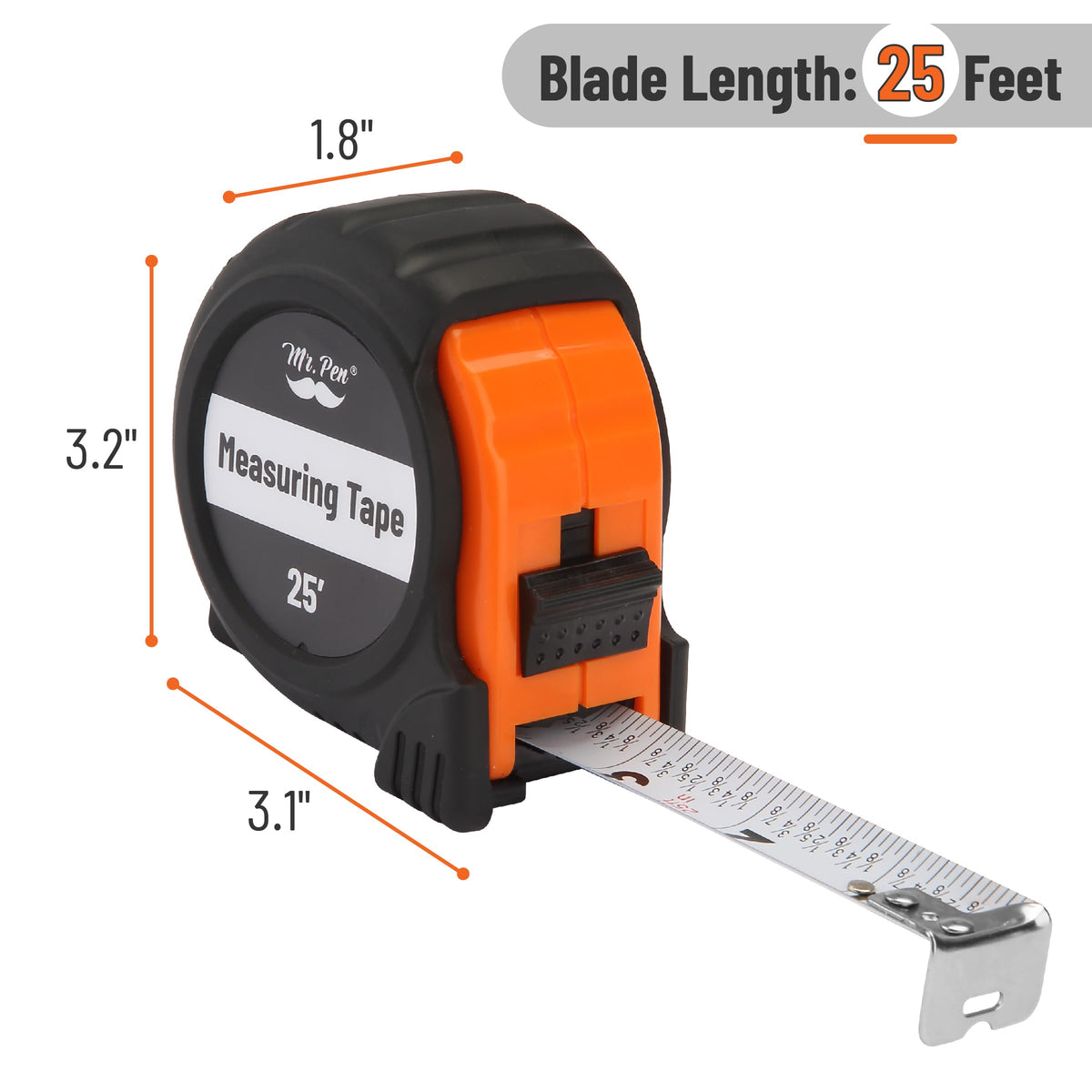 Mr. Pen- Retractable Tape Measure 25 ft, Orange, Easy Read