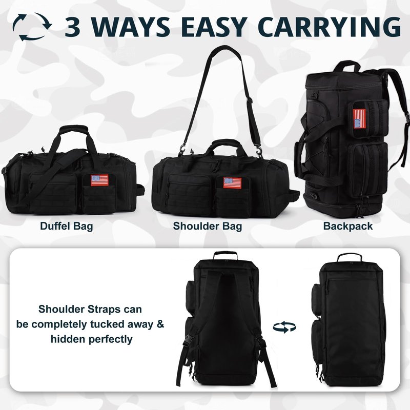 Tactical Gym Bag for Men，70L Large 3 in 1 Sports Duffle Bag with Shoes Compartment for Travel,Water Resistant Travel Backpack Weekender Overnight Bag with Wet Pocket for Women