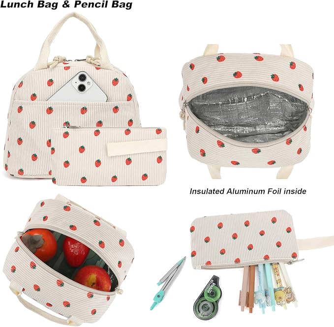 Corduroy Girls Backpack Set, 3PCS School Backpacks for Kids Elementary Middle School Bags with Lunch Box Pencil Case (Beige Corduroy Strawberry)