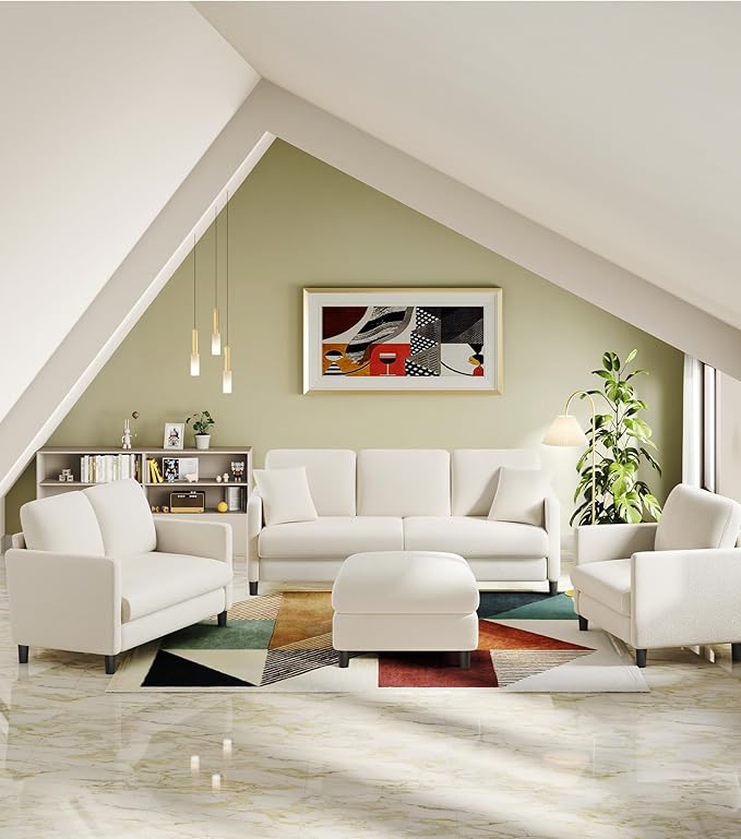 83" Couches for Living Room, Comfy Sofas for Living Room with Storage Ottoman, Teddy Sofa Couch, Tool-Free Loveseat Sofa, All-Wood Love Seat Couches, L Shaped Couch 2 Pillow Included, Beige