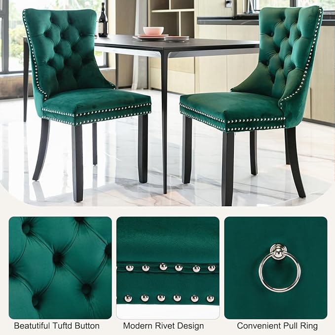 3-Piece Faux Marble Round Dining Table Set for 2, Modern Luxury Kitchen Table Set for 2 with Green Tufted Chairs,Circle Dining Tables with Pandora Grain Top and Black Pedestal Base