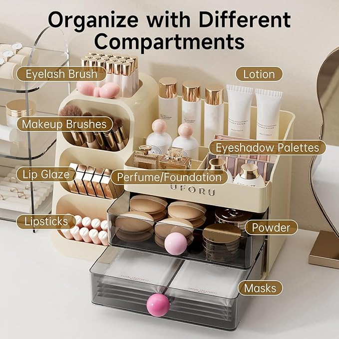 Makeup Organizer for Vanity with Brush Holder, Countertop Organizer with 2 Drawers, Spacious Cosmetic Display Case for Beauty Essential, Skincare, Lipstick