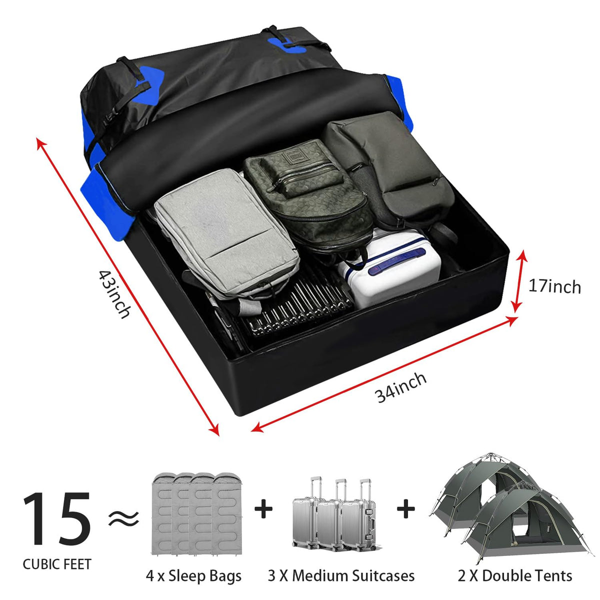 FORWODE 250LBS Universal Roof Rack Basket, 64"x39"x6" Rooftop Cargo Carrier Rack + Waterproof Cargo Bag 15 Cubic Feet(43"x34"x17")