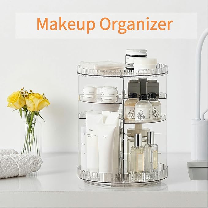 vacane Clear Rotating Makeup Organizer,8 Adjustable Layers Vanity Organizer Skincare Storage,Cosmetic Display Case 360° Stabilizly Spinning Multi-Function Storage for Bathroom and Bedroom Countertop