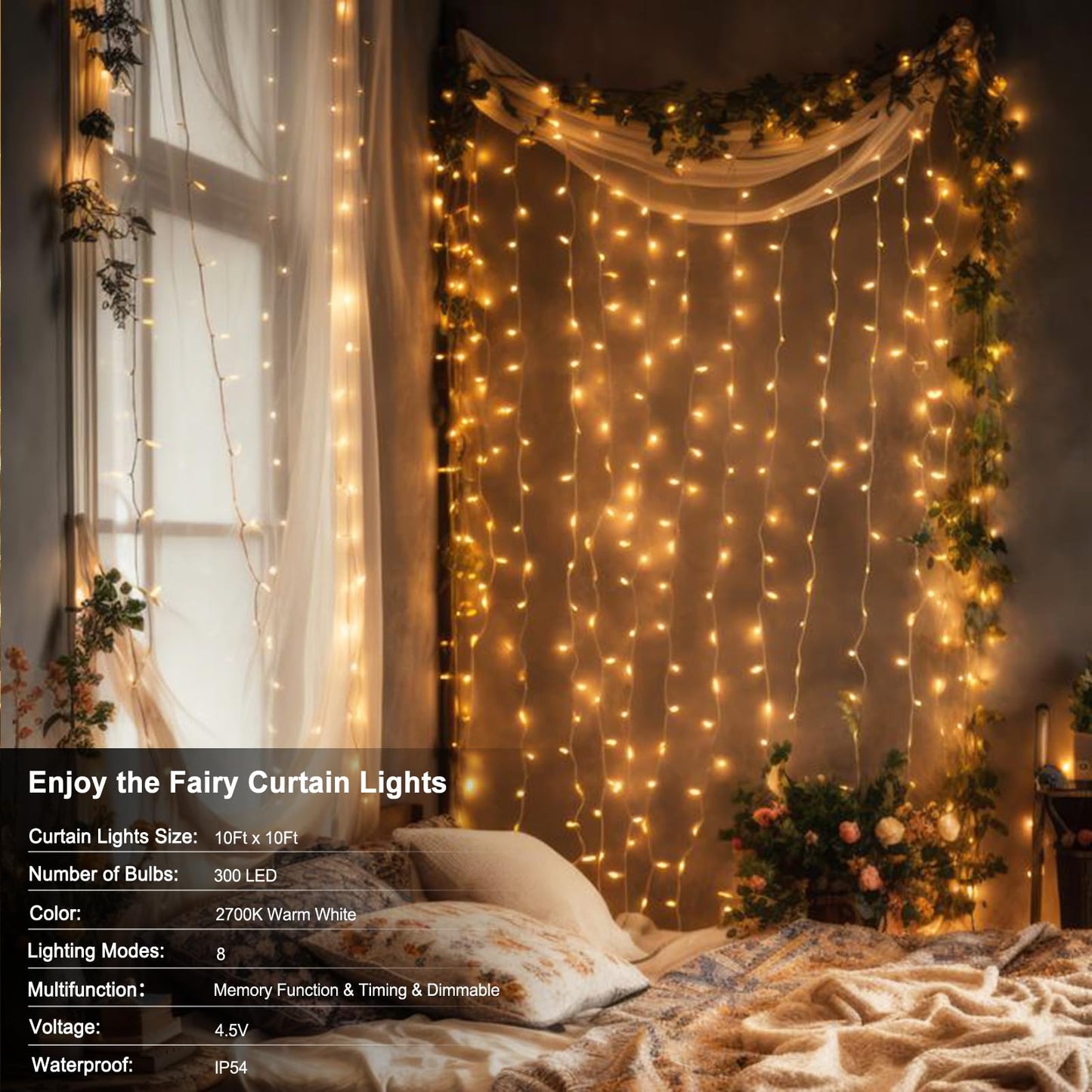echosari 300 LED Curtain Lights Battery Operated, 9.8ft×9.8ft Hanging Light with Remote Timer Fairy Curtain Lights for Bedroom Patio Wedding Backdrop Party Decór (Warm White)